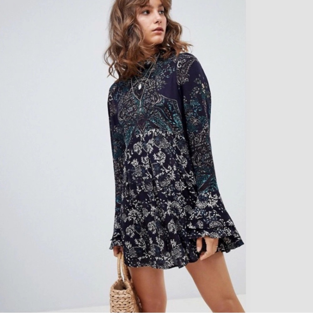 NEW Free People Tunic Women S / P Green Blue Lady Luck Mock Neck Long Sleeve Top